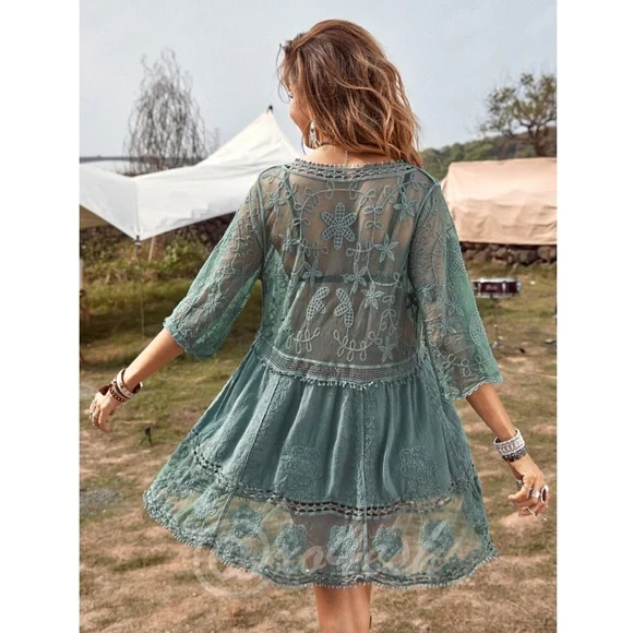Dusty Green Lace Coverup Dress Tunic Bohemian Short - Picture 2 of 10